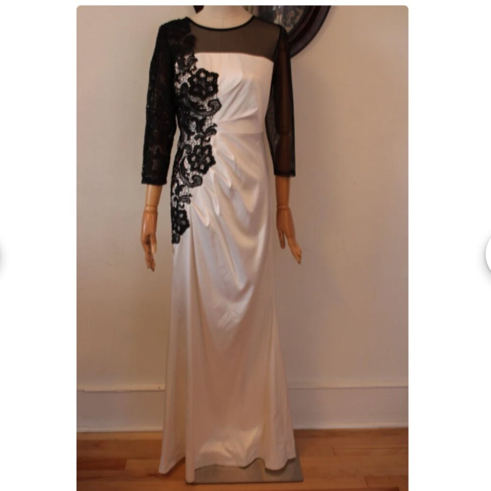 White Jax Brand Evening Gown With Black Lace and Sheer Sleeves